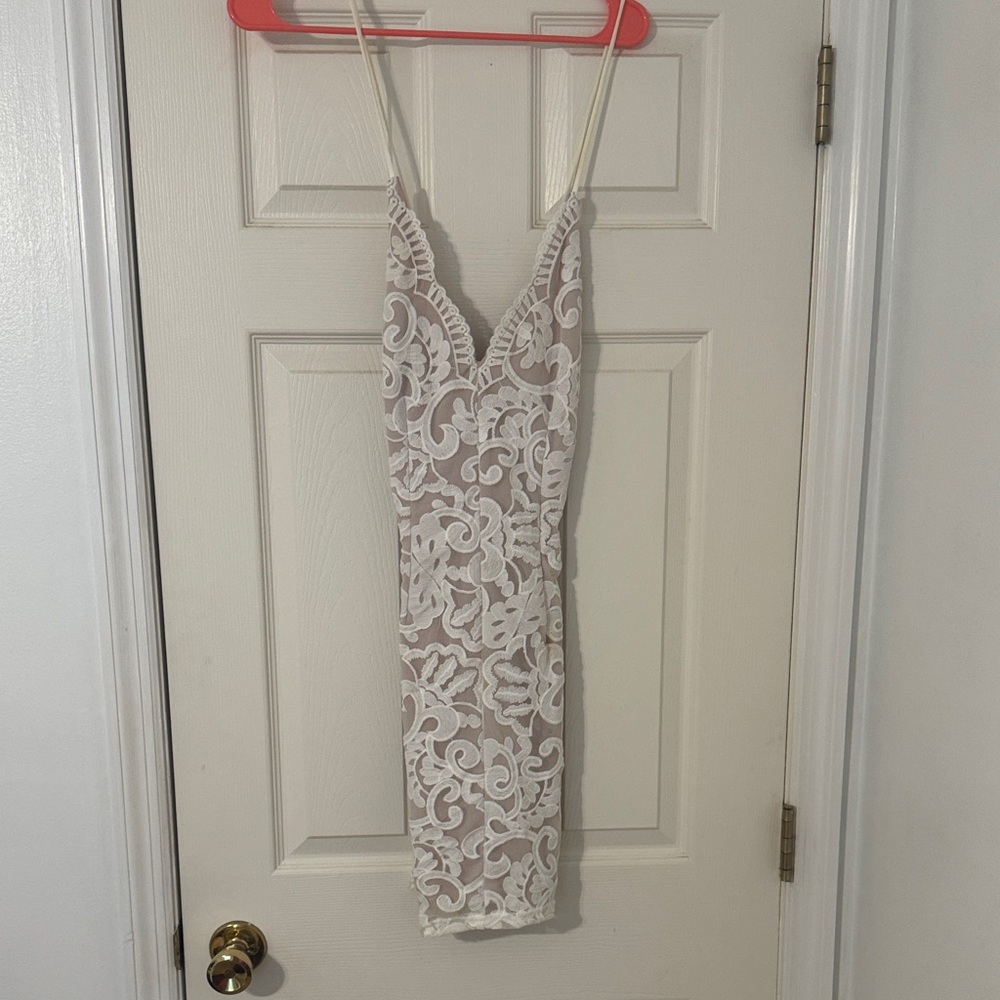 White Lace Overlay Mini Dress with V-Neck